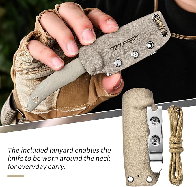 TONIFE Nova 2.68'' Blade Mini Neck Knife Full Tang Fixed Blade Knife with Kydex Sheath and Adjustable Paracord Lanyard for Camping Outdoor Survival Tool (Warm Sand+Gray Titanium)