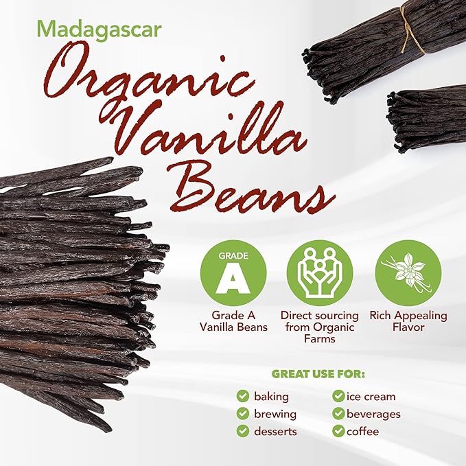 5 Organic Madagascar Vanilla Beans Grade A. Certified USDA Organic. 6"-7.5" Fresh by FITNCLEAN VANILLA for Extract, Paste, Cooking and Baking. NON-GMO Whole Pods
