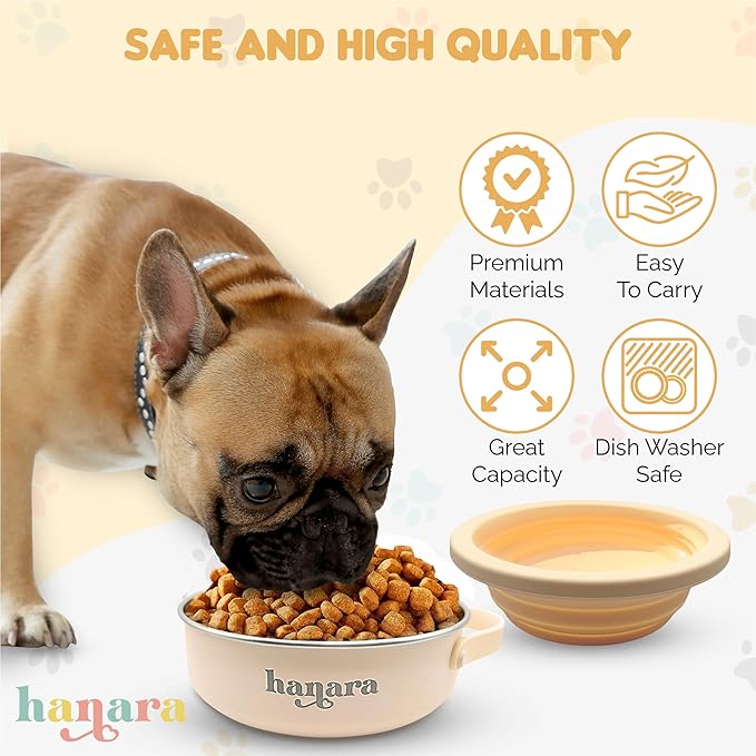 HANARA 2-in-1 Insulated Dog Bowl with Collapsible Lid & Handle – Stainless Steel, Non-Slip Rubber Base – Portable Pet Water & Food Bowl for Dogs & Cats – 30 OZ + 20 OZ – Indoor & Outdoor (Beige)