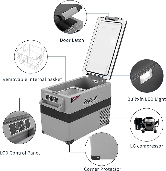 Alpicool LGCF45 Portable Refrigerator 12 Volt Car Freezer 42 Quart Mini Fridge Freezer (-4℉~68℉) for Truck, RV, Vehicle, Travel, Outdoor -12/24V DC