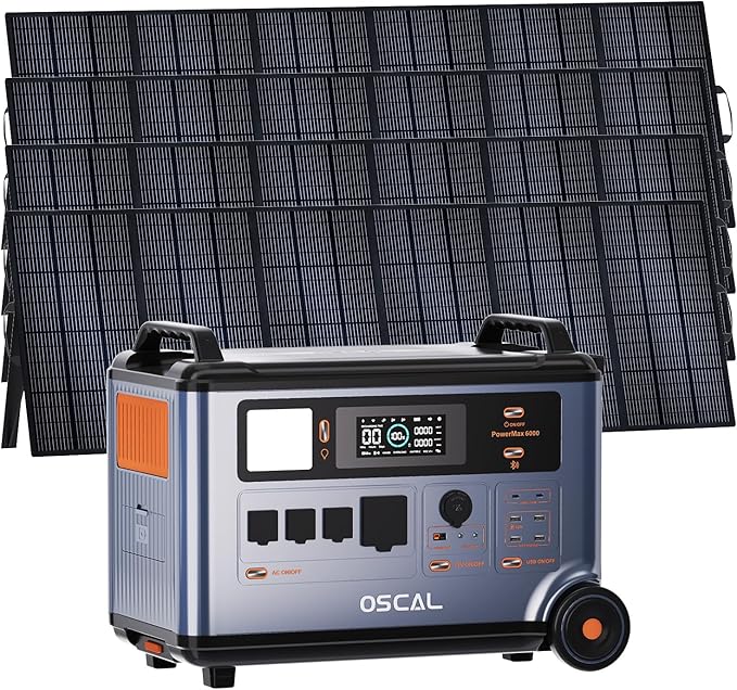 OSCAL 6000W Solar Generator(2025 New),120V/240V Split Phase Voltage Portable Power Station PowerMax 6000 with 4×500W Panel, 4 * 6000w AC Output (9000W Surge),2400W MPPT Solar for Emergency 999