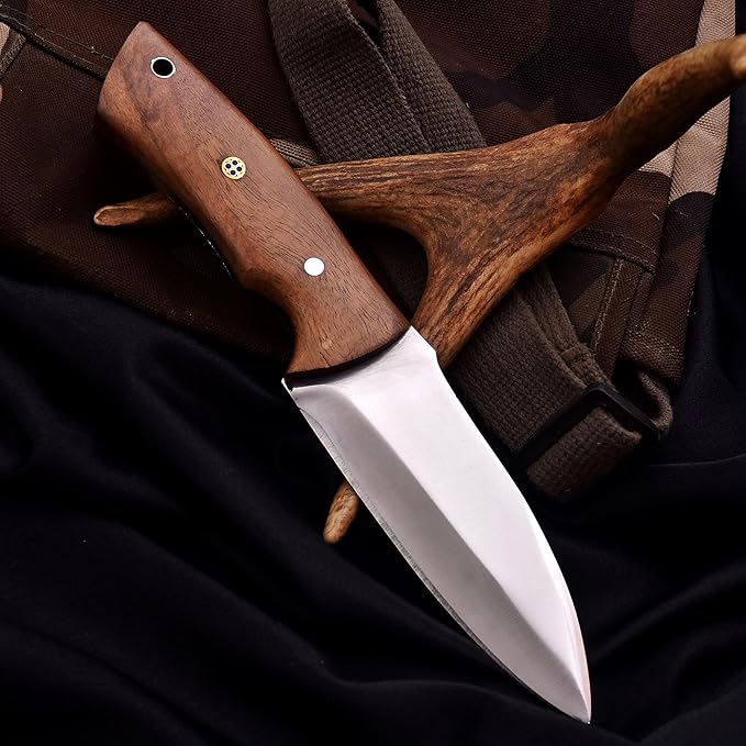 Fixed Blade Hunting Tracker Knife, Stainless Steel Blade Bushcraft Knife, Scout Carry Knives with Leather Sheath, Rosewood Handle Strong Grip, For Outdoors Hunting, Survival, Camping, Hiking Knives