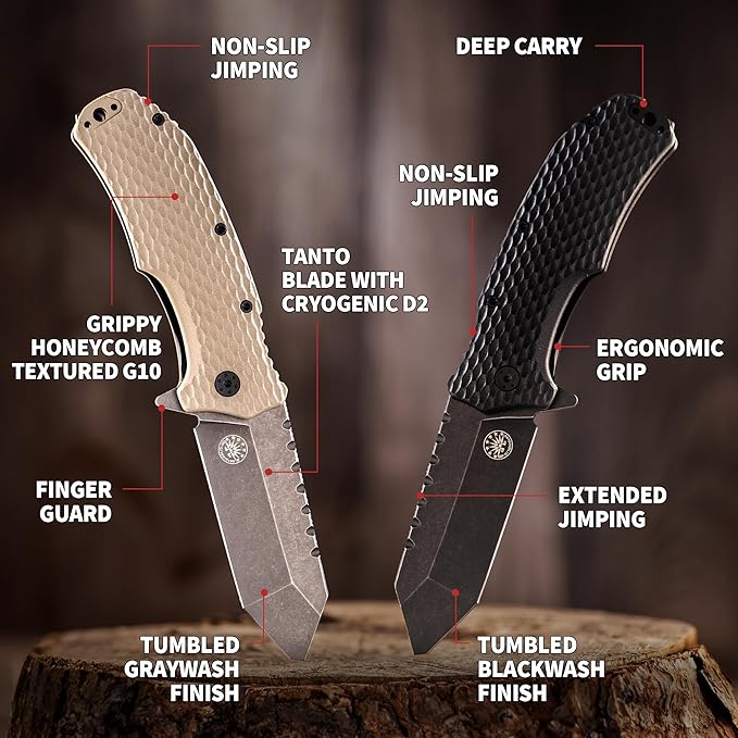 Off-Grid Knives - Rapid Fire Viper, Assisted Tanto Blade, Hard Use Build, Tactical, Camping & Survival EDC, Cryo D2 Steel, Graywash, Coyote G10 Scales, Deep Pocket Carry (Coyote)