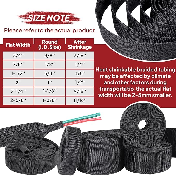 Braided Sleeving 2:1 Shrinkable Fabric Heat Shrink Tubing- Abrasion Protection Flexibility Wiring Harness Cable Sheath (1/2" ID, 16ft)