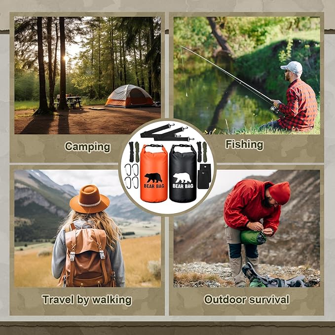 2 Sets Bear Food Bag for Camping Ultralight Food Bag Hanging System Includes 2 Pcs 10 L Waterproof Bear Bag Pulley System and 4 Pcs Nylon Ropes 4 Pcs Clips 2 Pcs Rock Pouch