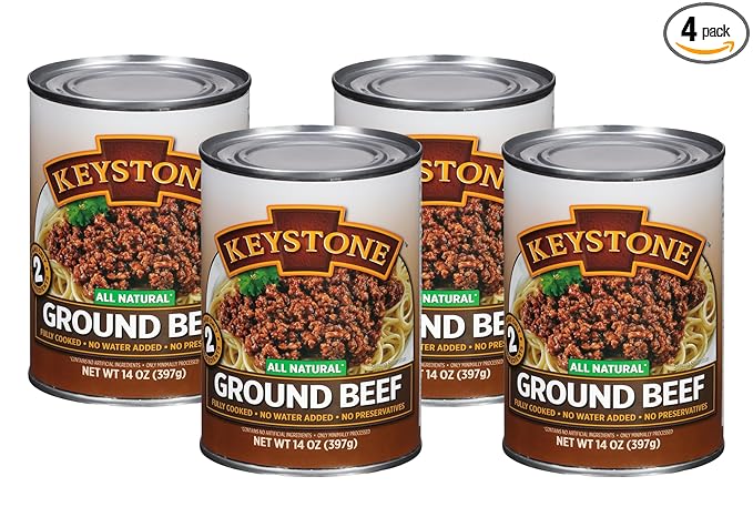 Keystone Meats All Natural Heat and Serve Ground Beef 14 oz – Fully Cooked Canned Meat – Ready to Eat – 5-Year Shelf Life – Pantry Staple for Everyday Meals, Emergency Survival Canned Food – Made in USA – Pack of 4