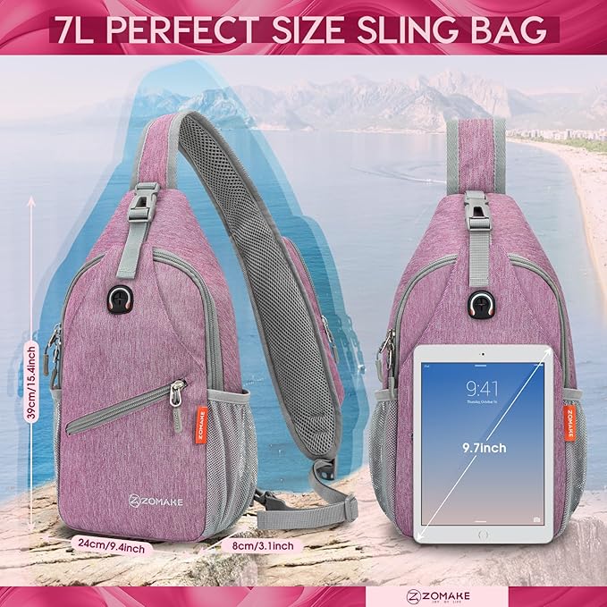 ZOMAKE Sling Bag,Small Crossbody Sling Backpack,Water Resistant Shoulder Daypack for Travel,Anti Thief Chest Bag for Hiking(Light Purple)