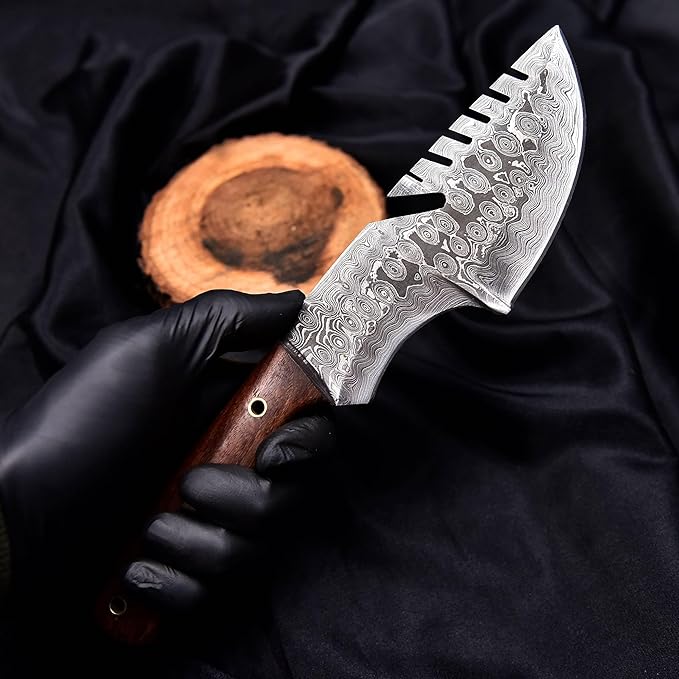 9.5" Handmade Damascus Knife with Leather Sheath | Elite Outdoor Companion | Damascus Steel Blade with Wood Handle | Dark Brown Handle with Sheath Included | Unparalleled Camping Performance