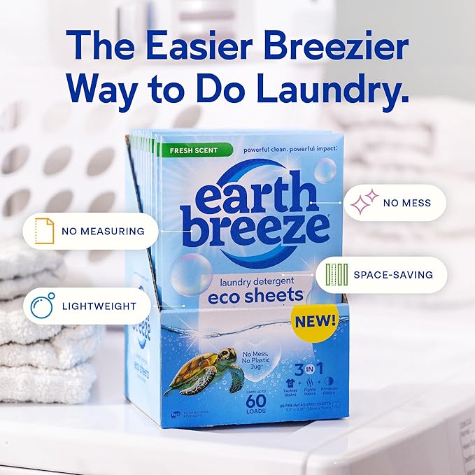 Earth Breeze Laundry Detergent Sheets Fresh Scent - 60 Loads Eco Liquidless Soap - Travel-Friendly for Hot & Cold Cycles, Tackles Tough Stains & Odors - Gentle on Skin, 30 Ct