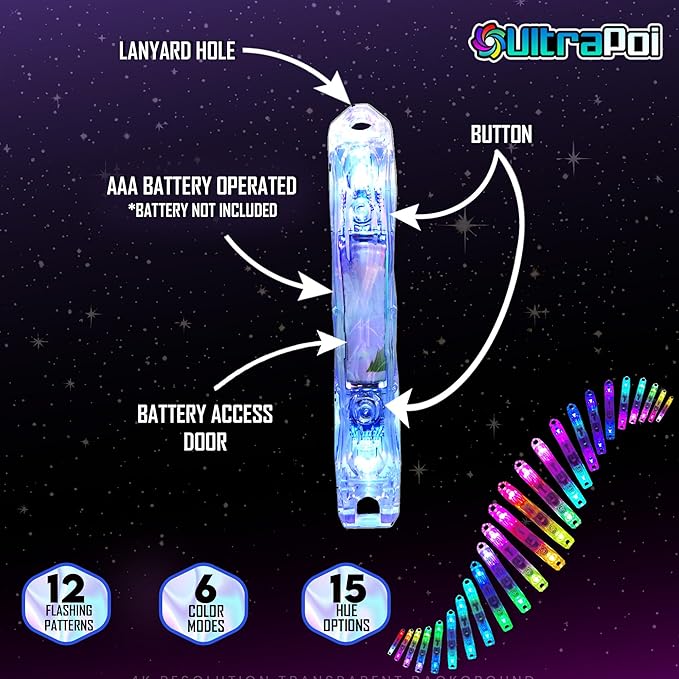 UltraPoi Ultralight LED Glow Stick (Pair (2)) - Customizable Rainbow Light Stick with Over 70 Brilliant Color Modes & Flashing Patterns - LED Concert Light Stick for Poi, Flow Arts, & Light Spinning