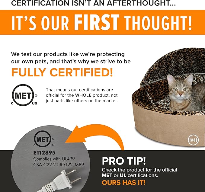 K&H Pet Products Thermo-Kitty Bed Deluxe Heated Cat Bed for Smaller Kitties - Indoor Heated Pet Bed for Dogs & Cats, Covered Cave Pet Tent, Machine Washable, Safety Listed - Small 16in Tan/Leopard