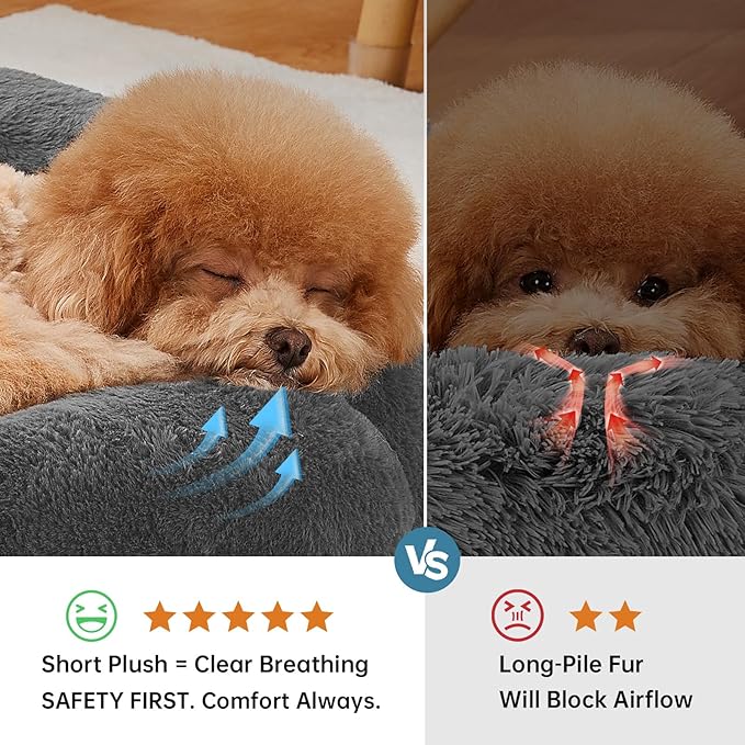 OhGeni 24 inches Calming Donut Dog & Cat Bed for Small Pets, Warming Comfort Fluffy Short Pile Fur, Durable Machine Washable Round Bed, Cute Round Bed for Puppy and Kitten, Dark Gray