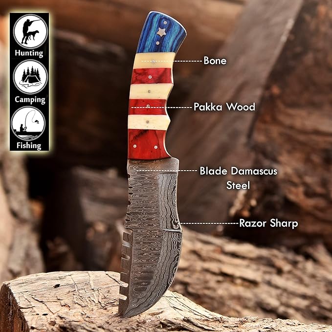 Damascus Steel Fixed Blade Tracker Hunting Knife With Horizontal and Scout Carry Leather Sheath - Full Tang Tactical Survival Bushcraft Knives for Men - American USA TX Flag Handle Knife for Camping