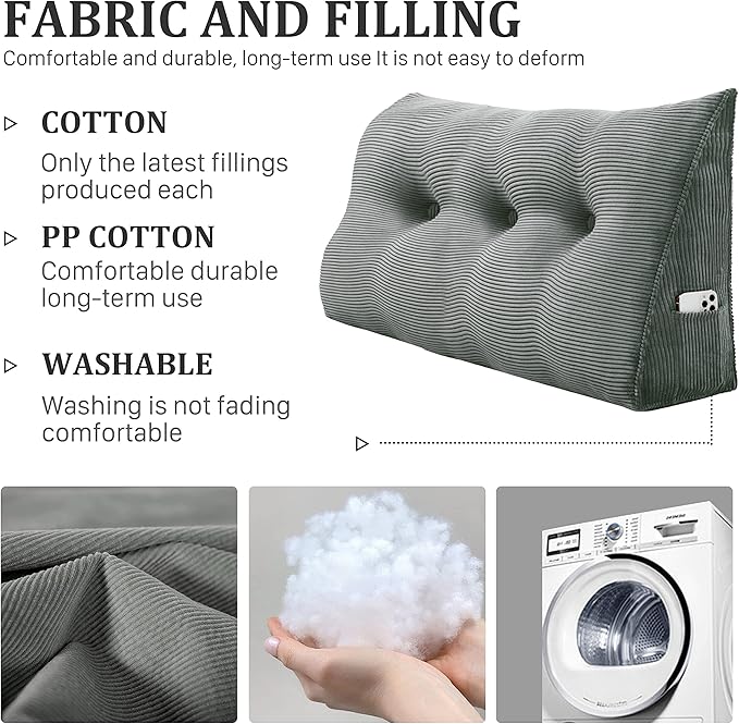 8 lbs Thickened Twin Wedge Pillow Headboard, College Dorm Bed Triangular Reading Pillow, Bed Bolster Pillow for Sitting in Bed, Dorm Bedding Essentials for Girls & Boys, Cordury Gray