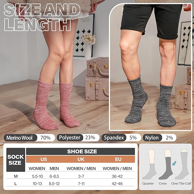 Anlisim Merino Wool Warm Boot Hiking Socks Thermal Extra Thick Winter Cozy Crew Comfy Cushioning Work Women Men Socks 4 Pairs
