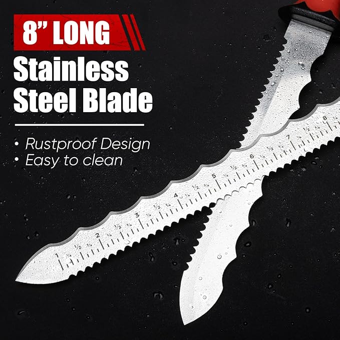 8" Insulation Knife, Stainless Steel Blade Insulation Cutter w/Laser Scale, Dual-Side Serrated Duct Knife Tool with Sheath for Cutting Heat Material Foam/Rockwool/Styrofoam, Garden Sod Cutter