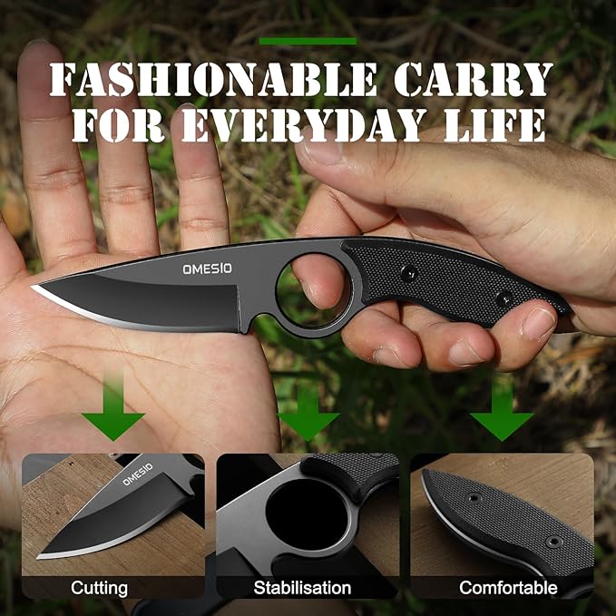 Omesio Small Fixed Blade Knife, Tactical Hunting Camping Knife with Kydex Sheath, Full Tang Stainless Steel Compact EDC Neck G10 Handle with Gift Box for Men (Black)