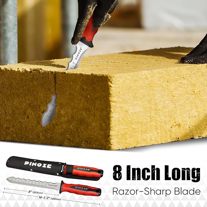 8" Insulation Knife, Stainless Steel Blade Insulation Cutter w/Laser Scale, Dual-Side Serrated Duct Knife Tool with Sheath for Cutting Heat Material Foam/Rockwool/Styrofoam, Garden Sod Cutter