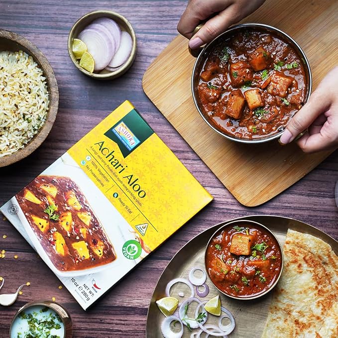 Ashoka Heat & Eat Entrees 1932, Plant-Based Pickled Cooked Potatoes, All-Natural, Real Achari Aloo, Kosher Certified, Microwave Ready Indian Cuisine, Gluten-Free with No Preservatives, Pack of 1