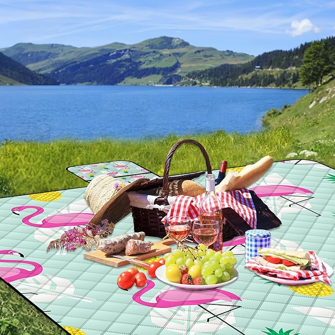 Extra Large Picnic Blanket Waterproof,80"x 80"Foldable Machine Washable Beach Blankets,Outdoor Blanket for 6-8 Adults,Picnic Mat Suitable for Indoor Crawling,Park Beach,Camping,Hiking,Travel(Flamingo)