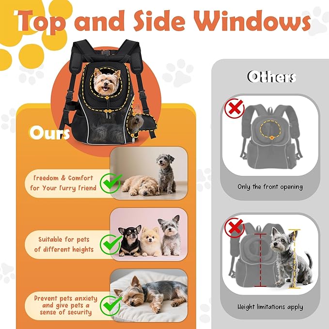 WOYYHO Pet Dog Carrier Backpack with Top and Side Windows, Small Dog Front Backpack Ventilated Mesh Dog Back Pack with Safety Belt for Travel Hiking Outdoor Adventures (Size S: 2-4.5 lbs, Black 2.0)