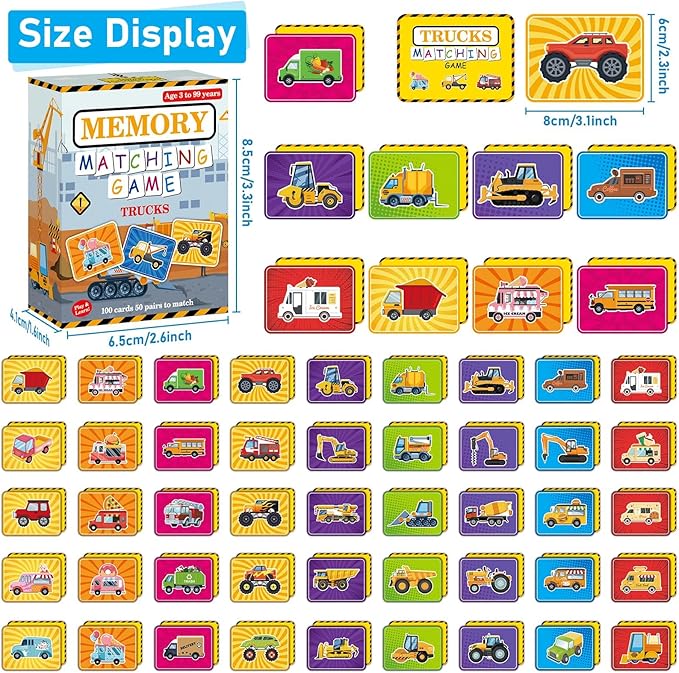 gisgfim 50 Pairs Memory Matching Game Trucks Concentration Memory Card Games for Kids Preschool Educational Ages 3-8 A Fun & Fast Vehicle Theme Matching Games