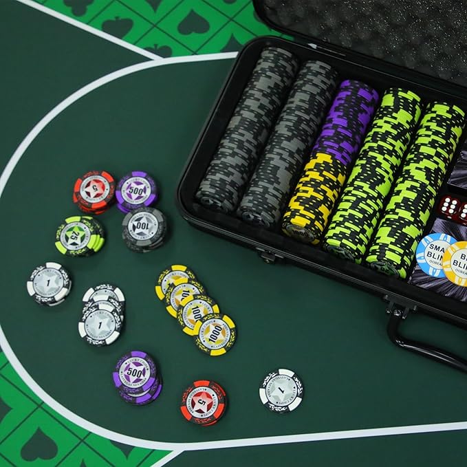 ORIENGEAR Poker Chip Set with Denominations, 500 PCS 14 Gram Clay Composite Casino Chips with ABS Case & 2 Decks of Plastic Cards, for Texas Holdem Blackjack Gambling Games