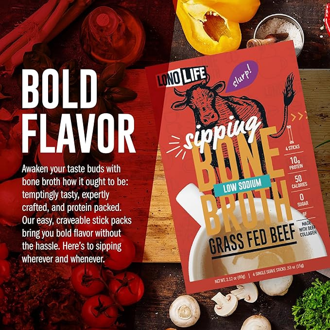 LonoLife Low Sodium Beef Bone Broth Powder Mix | Grass-Fed, 10g Protein | Collagen-Rich, Keto & Paleo Friendly | Natural Ingredients | 4 Portable Stick Pack Servings