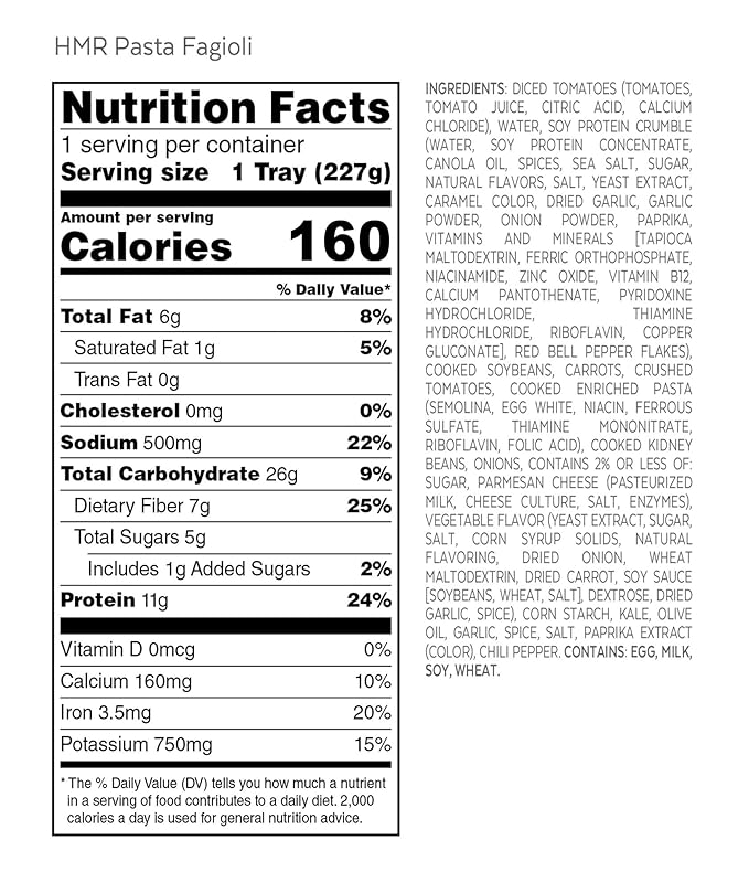 HMR Pasta Fagioli Entrée | Pre-packaged Lunch or Dinner to Support Weight Loss | Ready to Eat | Vegetarian | 14g of Protein | Low Calorie Food | 8oz Serving per Meal | Pack of 6