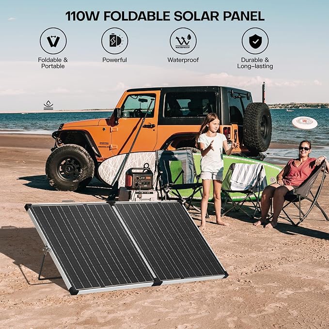 Panana 110W 12V Portable Solar Panel for Power Station, Foldable Off Grid Solar Panel with SAE Connector Kit, Charge Controller, Mount Bracket for Camping Car RV Marine Boat Battery