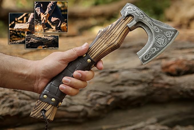 13??Inch Hand-Forged Viking Axe- Ash Wood Handle Hatchets and Axes with Leather Wrap, Wood Splitting Axe, Camping Axe, Throwing Axes and Tomahawks - Gift for Him (Valknut)