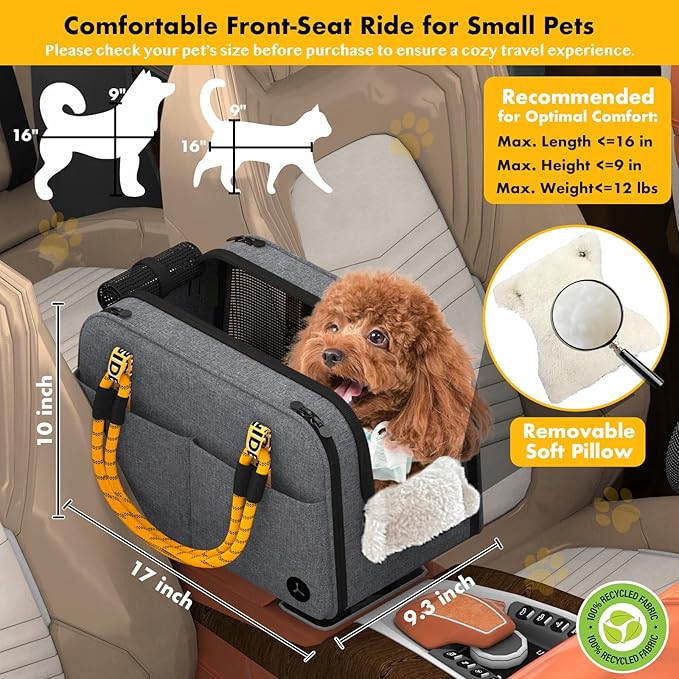 PAWZIDEA Center Console Dog Car Seat, Enclosed Secure Armrest Booster Seat for Small Dogs & Cats up 12lbs, Soft-Sided Travel Pet Carrier Safety Straps, Removable Pillow, Storage Pocket, Shoulder Strap