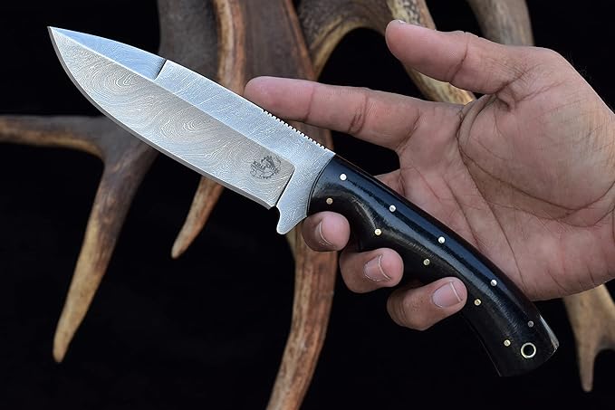 Knives Ranch Handmade 10" Camping & Bushcraft Knife - Damascus Steel - Excellent Edge Retention - Burlap Micarta Handle - Genuine Leather Sheath (2073-M)