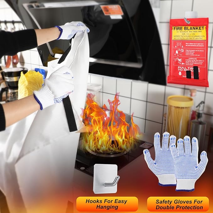 Macarrie 40''x 40'' Fire Blanket Emergency with Hooks and Gloves Fire Suppression Blanket Fiberglass Safety Fireproof Survival for Kitchen Home Camping Picnic Warehouse Car(20 Pack)