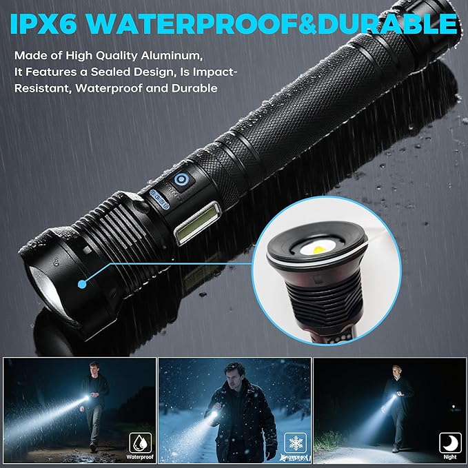 Rechargeable LED Flashlights High Lumens, Super Bright Tactical Flashlight with 7 Modes, Adjustable Focus, Powerful Handheld IPX6 Waterproof Flashlights for Home, Camping, Hiking, Emergencies