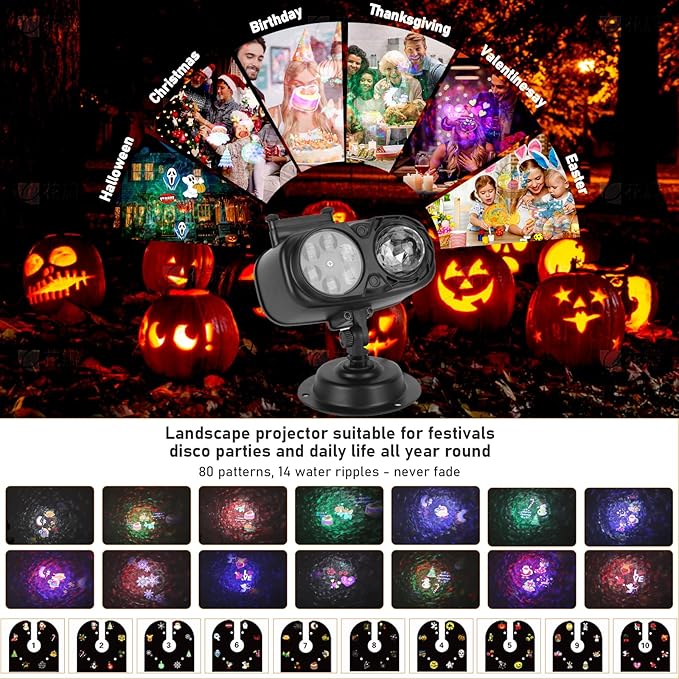 2025 Upgraded Holiday Projectors, Brighter Halloween Decorations Projector Lights, Christmas Projector with 10 HD Replaceable Slides (Ocean Wave & Patterns), Waterproof Halloween Projector Light Show