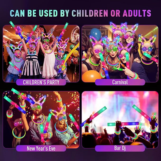 160 PCS Glow Sticks Bulk Party Pack:Glow in the Dark Party Supplies include Glowsticks,Foam Glow Sticks, LED Glasses, Finger Lights,Glow Rabbit Ear Headband,Halloween ,Wedding,Concert