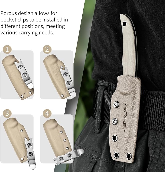 TONIFE Nova 2.68'' Blade Mini Neck Knife Full Tang Fixed Blade Knife with Kydex Sheath and Adjustable Paracord Lanyard for Camping Outdoor Survival Tool (Warm Sand+Gray Titanium)