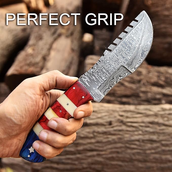 Damascus Steel Fixed Blade Tracker Hunting Knife With Horizontal and Scout Carry Leather Sheath - Full Tang Tactical Survival Bushcraft Knives for Men - American USA TX Flag Handle Knife for Camping