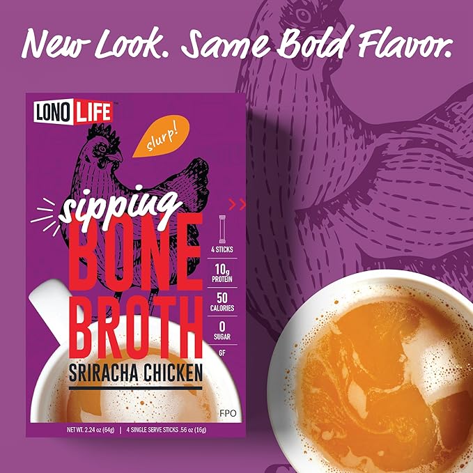 LonoLife Sriracha Chicken Bone Broth Powder Mix | 10g Protein | Collagen-Rich, Keto & Paleo Friendly | Natural Ingredients | 10 Portable Stick Pack Servings