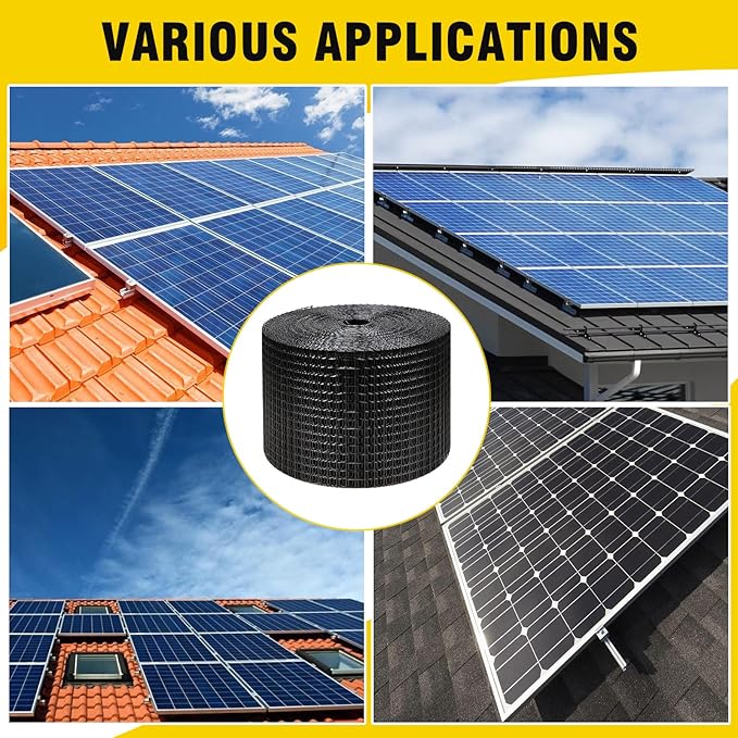 6in X 100ft Solar Panel Bird Guard,Solar Panel roof Protection net 1/2inch Mesh PVC Black Vinyl Coated Galvanized net 70 Fastener ClipsUsed for Bird,Animal Control