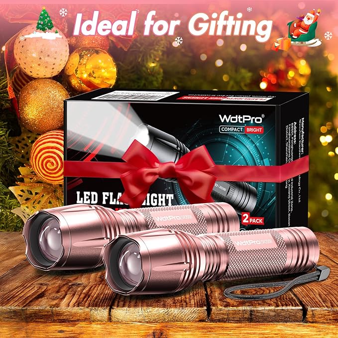 WdtPro LED Flashlight High Lumens SR2000 Pro, 2 Pack Brighter Tactical Flashlights with 5 Modes & Zoomable, Powerful Mini Flash Light for Emergency, Camping, Hiking (Pink)