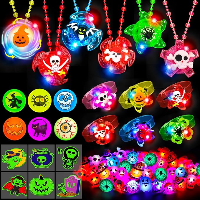 90 PCS Halloween Party Favors for Kids, Glow in The Dark Halloween Toys Bulk Light Up Necklace Bracelet LED Rings Halloween Goodie Bag Fillers Treats for Classroom Prizes Trick or Treat Gift