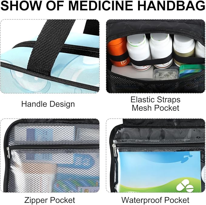 Fustylead Cute Pink Axolotl and Seaweed Bubbles Pill Organizer Bag Large Medicine Travel Carrying Case with Zipper for Vitamin Supplements Fish Oil, Empty First Aid Kit for Hiking Camping