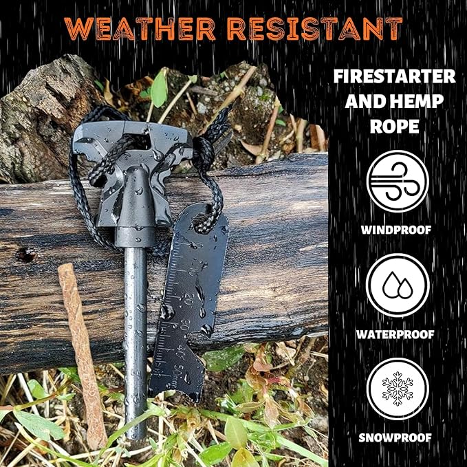 Tactiko Survival Fire Starter Kit - Premium Flint and Steel Firestarter for Campfires, Hemp Rope & Storage Pouch, 4" Magnesium Ferro Rod, Stocking Stuffers for Men, Camping Accessories - U.S. Company