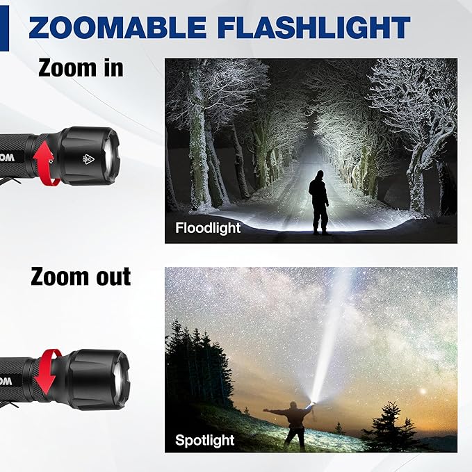WORKPRO 1200LM Rechargeable Tactical Flashlight, EDC Mini Flashlight, Pocket Flashlight with Clip & Lanyard, 7 Light Modes, Zoomable Adjustable Focus, Includes Lithium Battery & Alkaline Battery