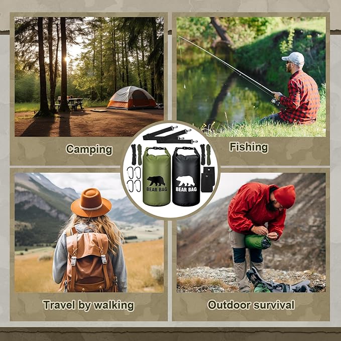 2 Sets Bear Food Bag for Camping Ultralight Food Bag Hanging System Includes 2 Pcs 10 L Waterproof Bear Bag Pulley System and 4 Pcs Nylon Ropes 4 Pcs Clips 2 Pcs Rock Pouch