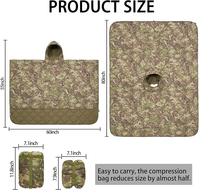 Poncho Liner Hoodie with Pocket Insulated Military Sleeping Bag Water Resistant for Outdoor Camping Travel Survival Hunting Car Emergency
