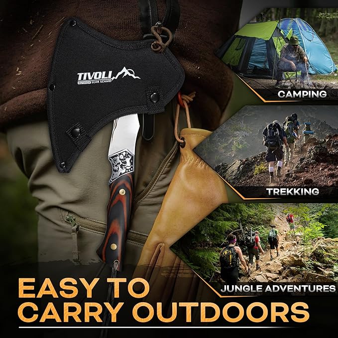 TIVOLI Camping Axe, Tiger - Patterned Survival Hatchet with Nylon Sheath, High Carbon Steel Blade Compact Outdoor Bushcraft Axe with Ergonomic Wood Grip, Camping Gear for Hiking, Chopping, Hunting