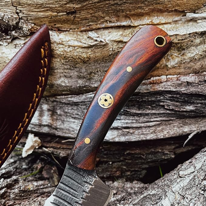 Titan International Knives Handmade Skinning Knife Carbon 1080 Steel | Fixed Blade Knife Color Coated Hand Pounded |Walnut Wood Handle with Leather Sheath | Perfect for Camping and Outdoor Activities